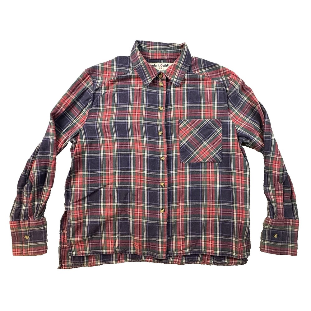 Comfort‎ Outfitter Women's 2X Blue Red Green Plaid Flannel LS Button Up Shirt
